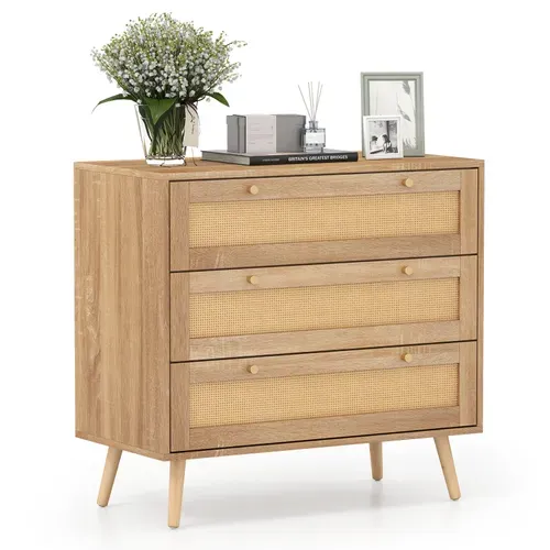 Commode Chambre Bois 3 Tiroirs, Commode Chambre Scandinave Bohème, Pieds En Bois De Pin, Naturel