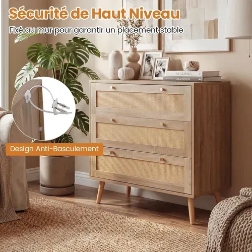 Commode Chambre Bois 3 Tiroirs, Commode Chambre Scandinave Bohème, Pieds En Bois De Pin, Naturel