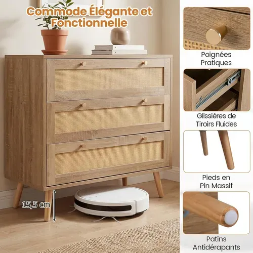 Commode Chambre Bois 3 Tiroirs, Commode Chambre Scandinave Bohème, Pieds En Bois De Pin, Naturel