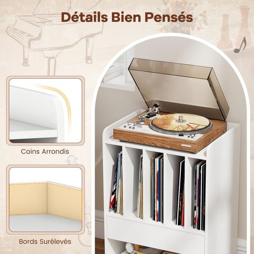 Meuble Platine Vinyle à Roulette Avec Tiroirs, 6 Compartiments Pour 150 Albums (blanc)