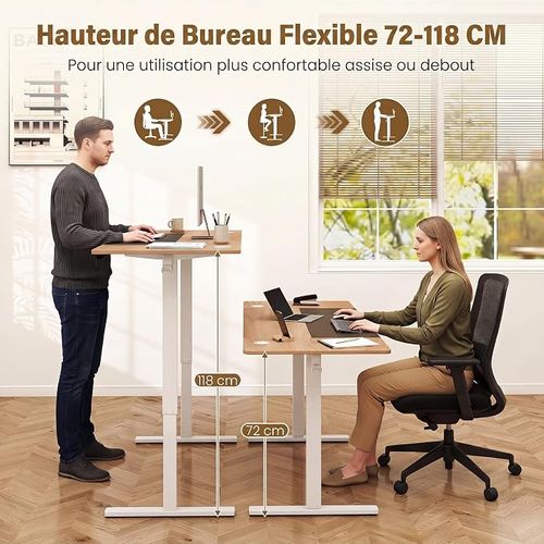 Bureau Assis-debout Électrique ，160x60x（72-118）cm，Avec Mémoire, écran LED, Charge 90kg, Naturel