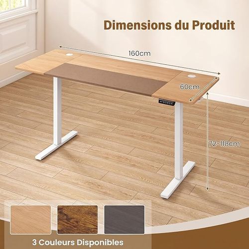 Bureau Assis-debout Électrique ，160x60x（72-118）cm，Avec Mémoire, écran LED, Charge 90kg, Naturel