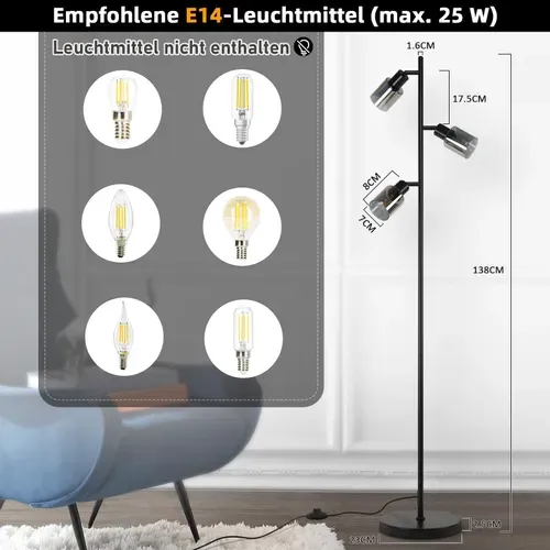 Lampadaire Noir 3 Flammes E14 Métal Verre
