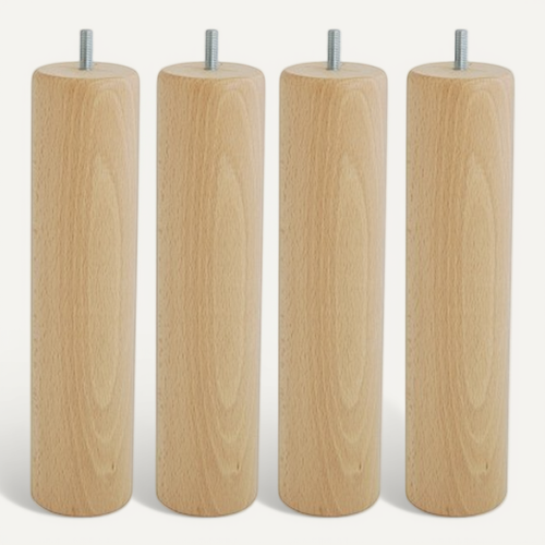 Jeu De 4 Pieds En Bois De Hêtre Naturel Pour Sommier - Hauteur 15 Cm, Diamètre 6 Cm, Visserie M8 - Design Français, Facile à Installer