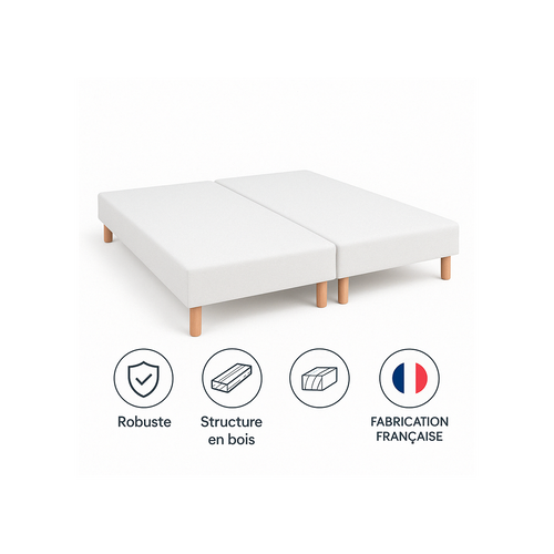 Sommier Tapissier Blanc 100x200x2 (200x200) - Fabrication Française Artisanale - Pieds s - Hau