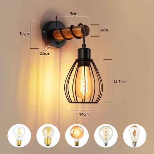 Applique Murale En Bois Noir E27 Industriel  - Sans Ampoule
