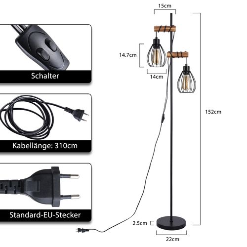 Lampadaire Sur Pied Noir Design Industriel Vintage E27 Avec Interrupteur