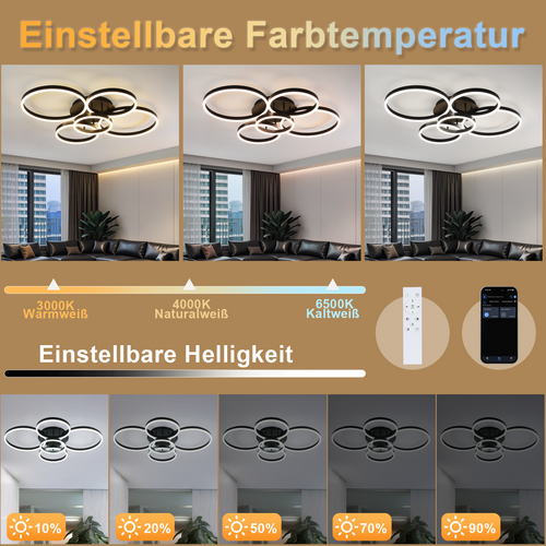 Plafonnier LED Intensité Variable 78w,3000-6500k,5 Anneaux En Acrylique Doré Moderne