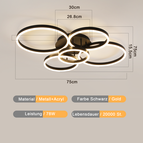 Plafonnier LED Intensité Variable 78w,3000-6500k,5 Anneaux En Acrylique Doré Moderne