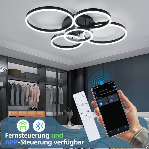 Plafonnier LED Intensité Variable 78w,3000-6500k,5 Anneaux En Acrylique Doré Moderne