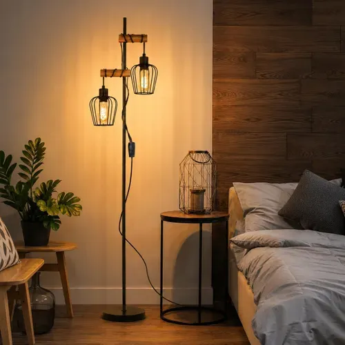 Lampadaire Vintage 2 Lumières, Industriel Métal Noir E27, H:151 cm, Lampadaire Salon