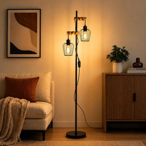 Lampadaire Vintage 2 Lumières, Industriel Métal Noir E27, H:151 cm, Lampadaire Salon