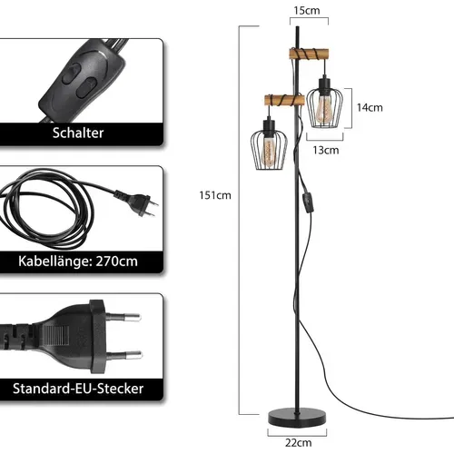 Lampadaire Vintage 2 Lumières, Industriel Métal Noir E27, H:151 cm, Lampadaire Salon