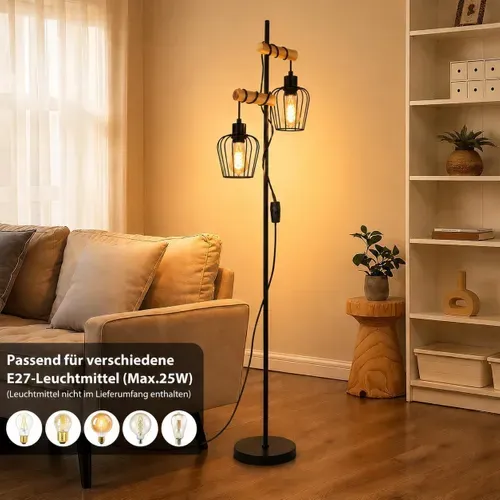 Lampadaire Vintage 2 Lumières, Industriel Métal Noir E27, H:151 cm, Lampadaire Salon