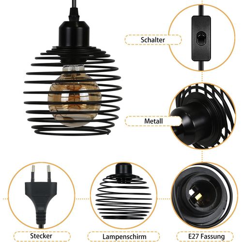Suspension E27 Noir Diam.15cm Vintage Métal Avec Prise Et Interrupteur Rétro Max.40w