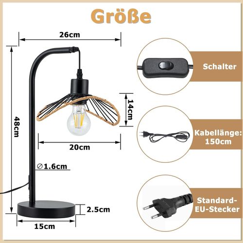 Lampe De Bureau Vintage, Lampe De Chevet, Lampe à Poser, E27 Avec Câble, Noire (sans Ampoule)