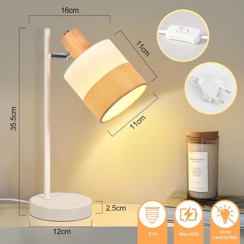 Lampe De Table Vintage Bois - Lampe Chevet Tissu E14 Câble, sans Ampoule