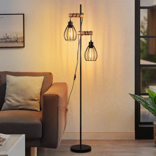Lampadaire Salon Lampadaire Noir : Lampadaire Bois Métal Industriel E27 Lampadaire 2 Lumières