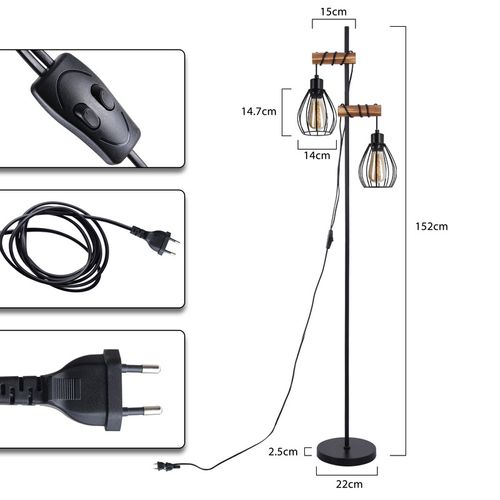 Lampadaire Salon Lampadaire Noir : Lampadaire Bois Métal Industriel E27 Lampadaire 2 Lumières