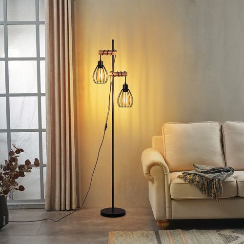 Lampadaire Salon Lampadaire Noir : Lampadaire Bois Métal Industriel E27 Lampadaire 2 Lumières