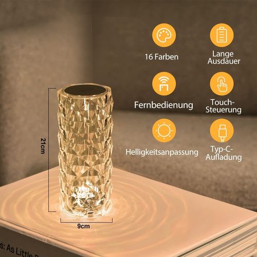 Lampe De Chevet LED Sans Fil à Intensité Variable En Cristal Lampe Tactile Rechargeable
