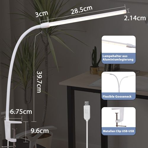 Lampe De Bureau LED à Pince Du Jour Blanche Avec 3 Températures De Couleur 5 Niveaux