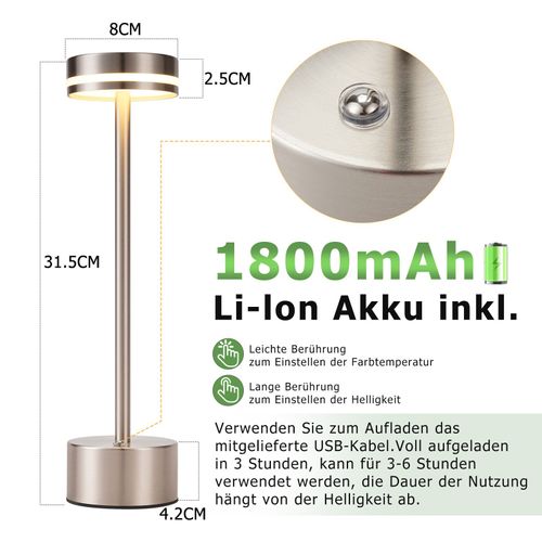 Lampe De Table LED Sans Fil  , à Piles, à Intensité Variable, Rechargeable Par USB-c, Tactile