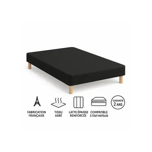 Sommier Tapissier Noir 140x190 Cm - Fabrication Française Artisanale - Pieds s - Hauteur Avec