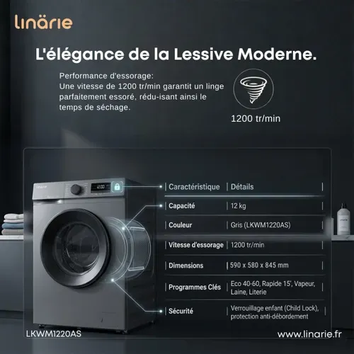 Lave-linge Hublot Lkwm1220as Gris 12kg 1200 Tours Moteur Induction 14 Programmes et Vapeur