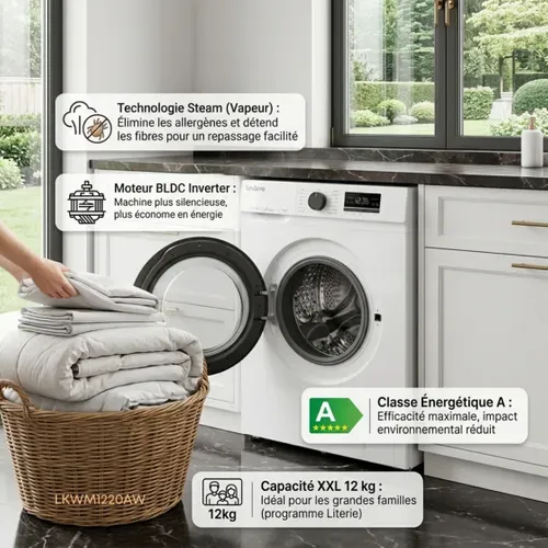Lave-linge Hublot Lkwm1220aw Blanc 12kg 1200 Tours Moteur Induction 14 Programmes et Vapeur