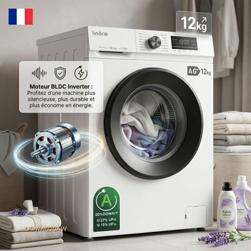 Lave-linge Hublot Lkwm1220aw Blanc 12kg 1200 Tours Moteur Induction 14 Programmes et Vapeur