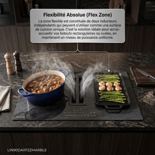 LIN90DAI1F2ZMARBLE Table Induction Aspirante Encastrable 4 Foyers Linarie 2 Flex Zone