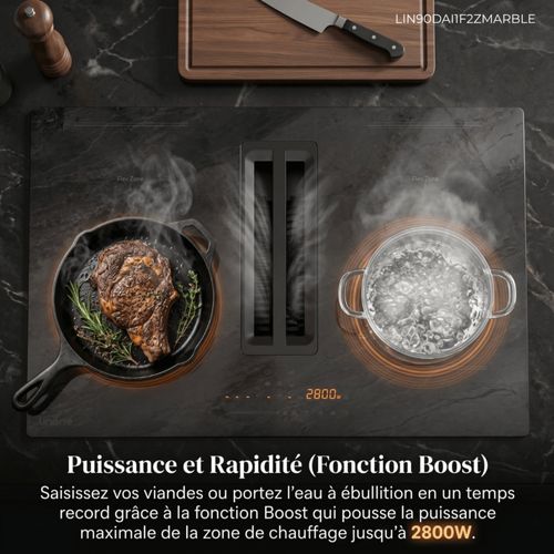 LIN90DAI1F2ZMARBLE Table Induction Aspirante Encastrable 4 Foyers Linarie 2 Flex Zone