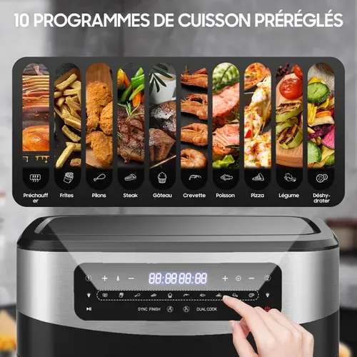Friteuse à Air Chaud, XXL Dual Zone Air Fryer 12l, 10 En 1, Écran Tactile LED, 2600w