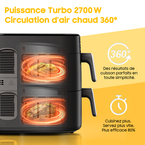 XXL Double Stack Friteuse à Air, 2 Chambres Verticales, 6 Fonctions De Cuisson, 2700 W, Recettes