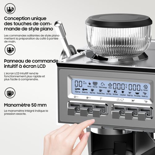 Machine à Café Expresso Avec Broyeur Intégré, 20 Bars, Autonettoyante, 1.6 L, 2050 W