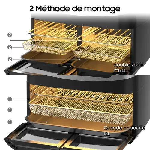 Friteuse Sans Huile, XXL Dual Zone Air Fryer 12l, 10 En 1, Écran Tactile, 2600W