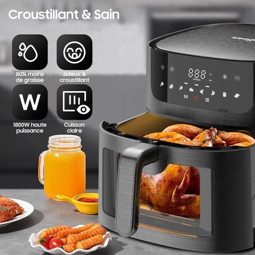 Friteuse Air Fryer 9L - XXL  avec Fenêtre - Friteuse à Air, 1800W, 8 en 1, Recettes