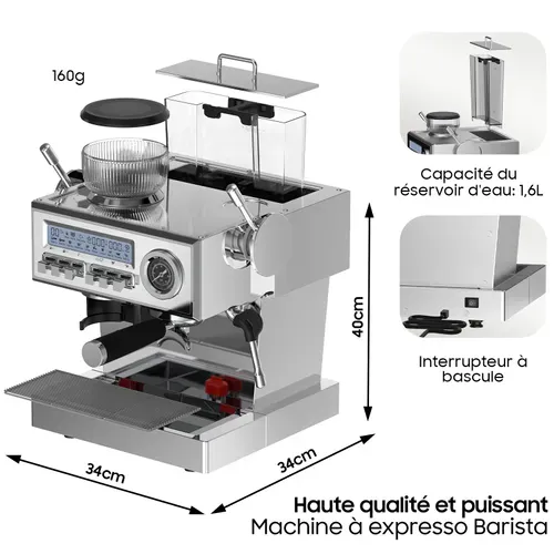 Machine à Expresso Italienne à Pompe 20 Bar, Built-in Grinder, Auto-cleaning, 2050w-1.6l