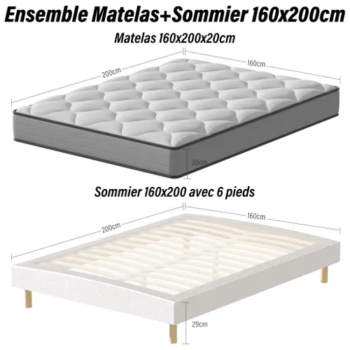 Ensemble Matelas à Ressorts 160x200 cm Epaisseur 20 cm + Sommier Tapissier Déco