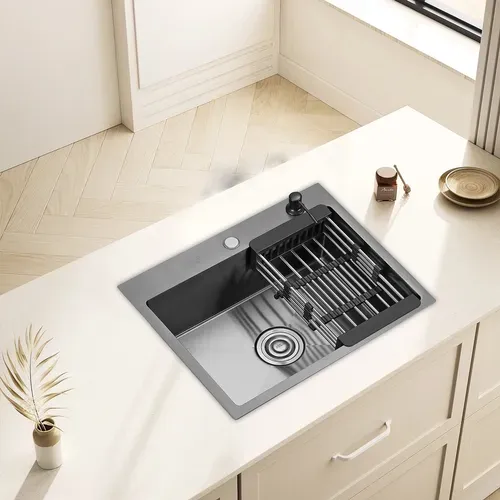 Cuisine Évier Simple En Acier Inoxydable 55*45*19cm - Noir Avec Panier Télescopique