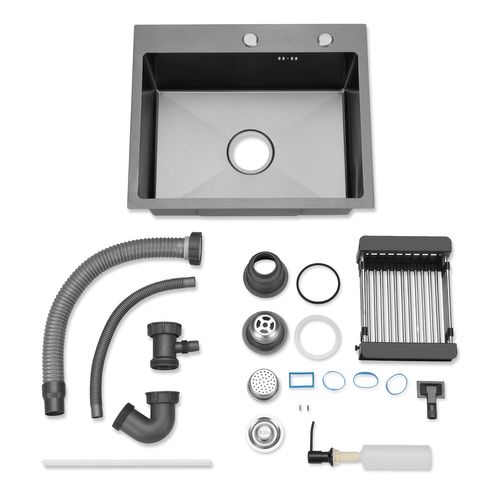 Cuisine Évier Simple En Acier Inoxydable 55*45*19cm - Noir Avec Panier Télescopique