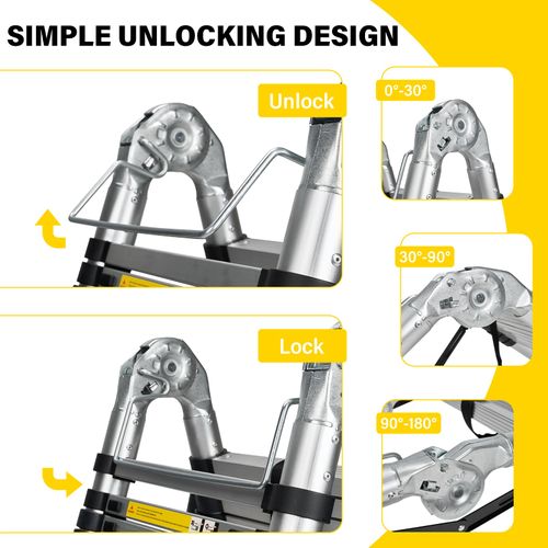 échelle Télescopique Pliante 2 En 1 3,8 M (1,9 + 1,9), Aluminium, Capacité De Charge 150 Kg, Argent