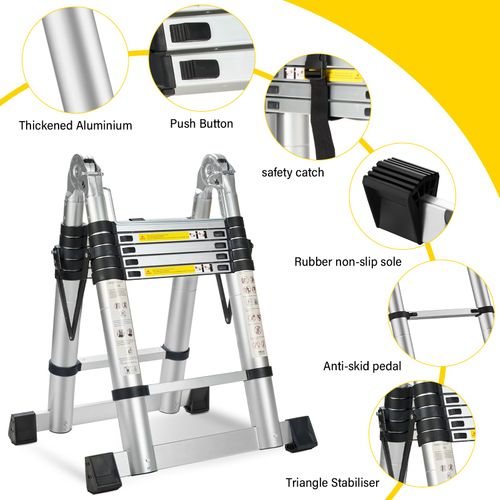 échelle Télescopique Pliante 2 En 1 3,8 M (1,9 + 1,9), Aluminium, Capacité De Charge 150 Kg, Argent