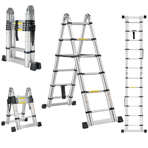 échelle Télescopique Pliante 2 En 1 3,8 M (1,9 + 1,9), Aluminium, Capacité De Charge 150 Kg, Argent