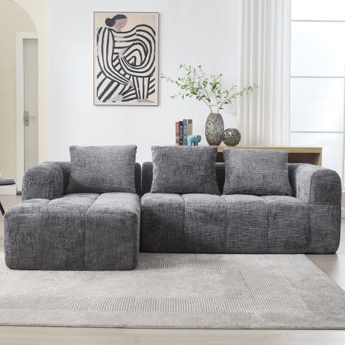 Canapé Compressé Modulaire 3 Places Tissu Chenille Gris