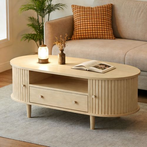 Table Basse Ovale 100x50x36cm 1 Tiroir 2 Portes Coulissantes 1 Compartiment Rangement Caché Bois