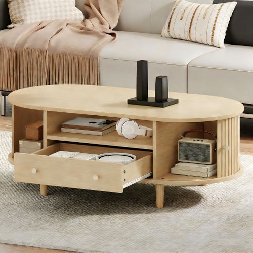 Table Basse Ovale 100x50x36cm 1 Tiroir 2 Portes Coulissantes 1 Compartiment Rangement Caché Bois