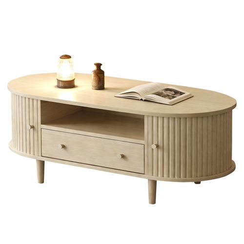 Table Basse Ovale 100x50x36cm 1 Tiroir 2 Portes Coulissantes 1 Compartiment Rangement Caché Bois