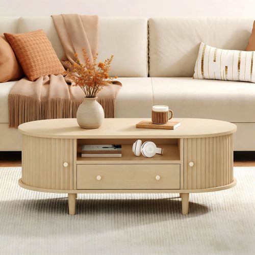 Table Basse Ovale 100x50x36cm 1 Tiroir 2 Portes Coulissantes 1 Compartiment Rangement Caché Bois